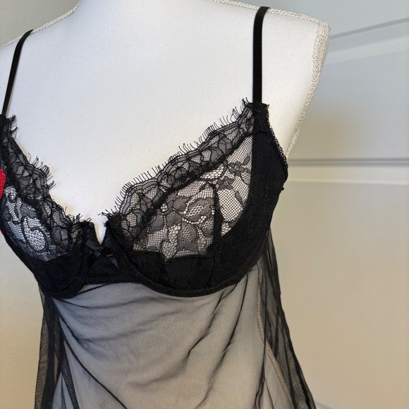 Victoria's Secret Very Sexy Black Mesh Lace Heart Babydoll Slip 36C - Picture 4 of 6